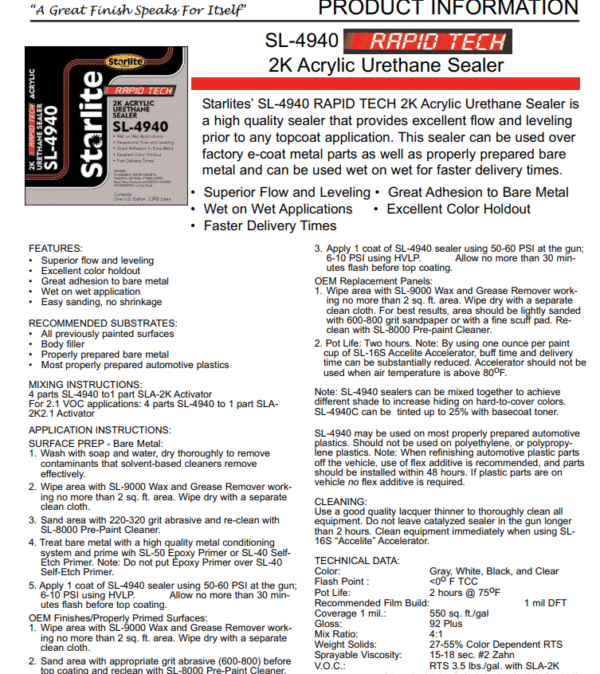 RAPID TECH STARLITE SL-4940 2K Acrylic Urethane Sealer Gray - Image 2